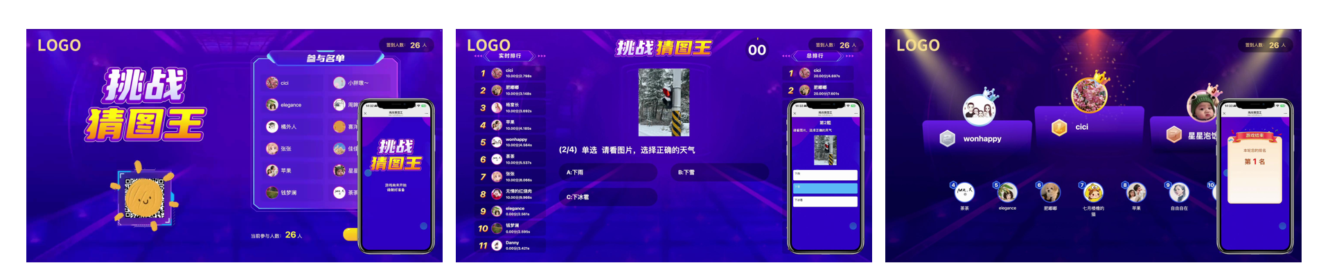 猜图王，大屏端展示图片，你比划我猜，参与者在手机端选择正确的图片名称